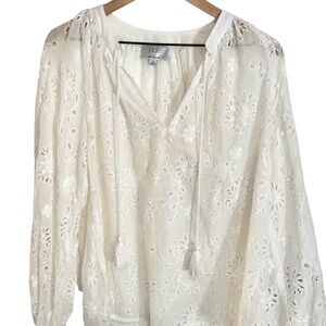 Johnny Was Jade Embroidered Cotton Silk Boho Blouse M Ivory Tassel Top